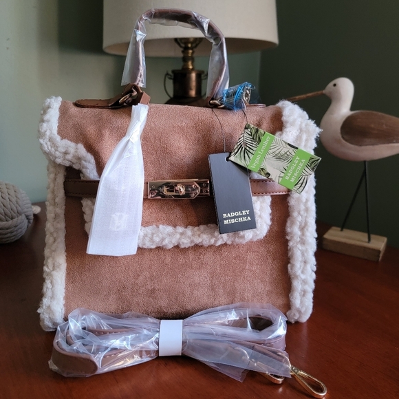 NWT Badgley Mischka Fur Border Satchel Tan Vegan Leather - Picture 1 of 15
